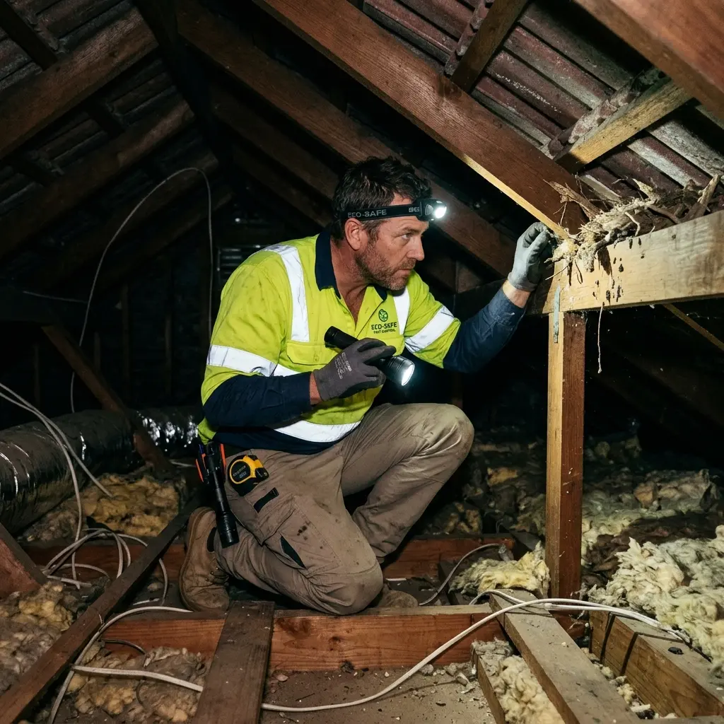 Technician inspecting a roof cavity for a dead animal in Little River