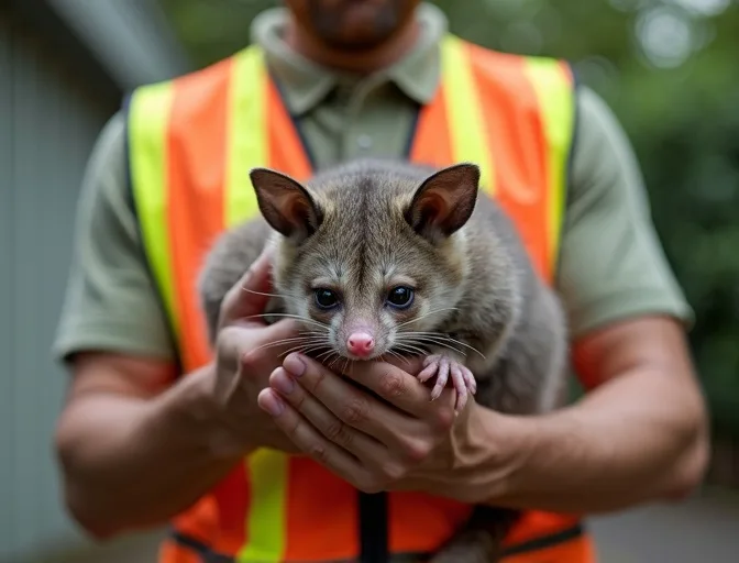 Animal handler safely recovering a deceased possum in Little River