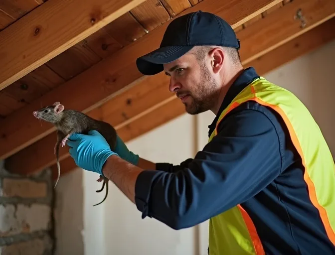 Technician inspecting a roof cavity for a dead rat in Little River